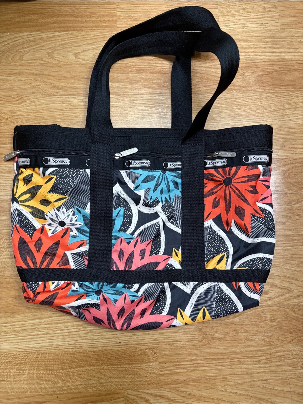 LeSportsac Black Floral Multi Canvas Tote, very good condition